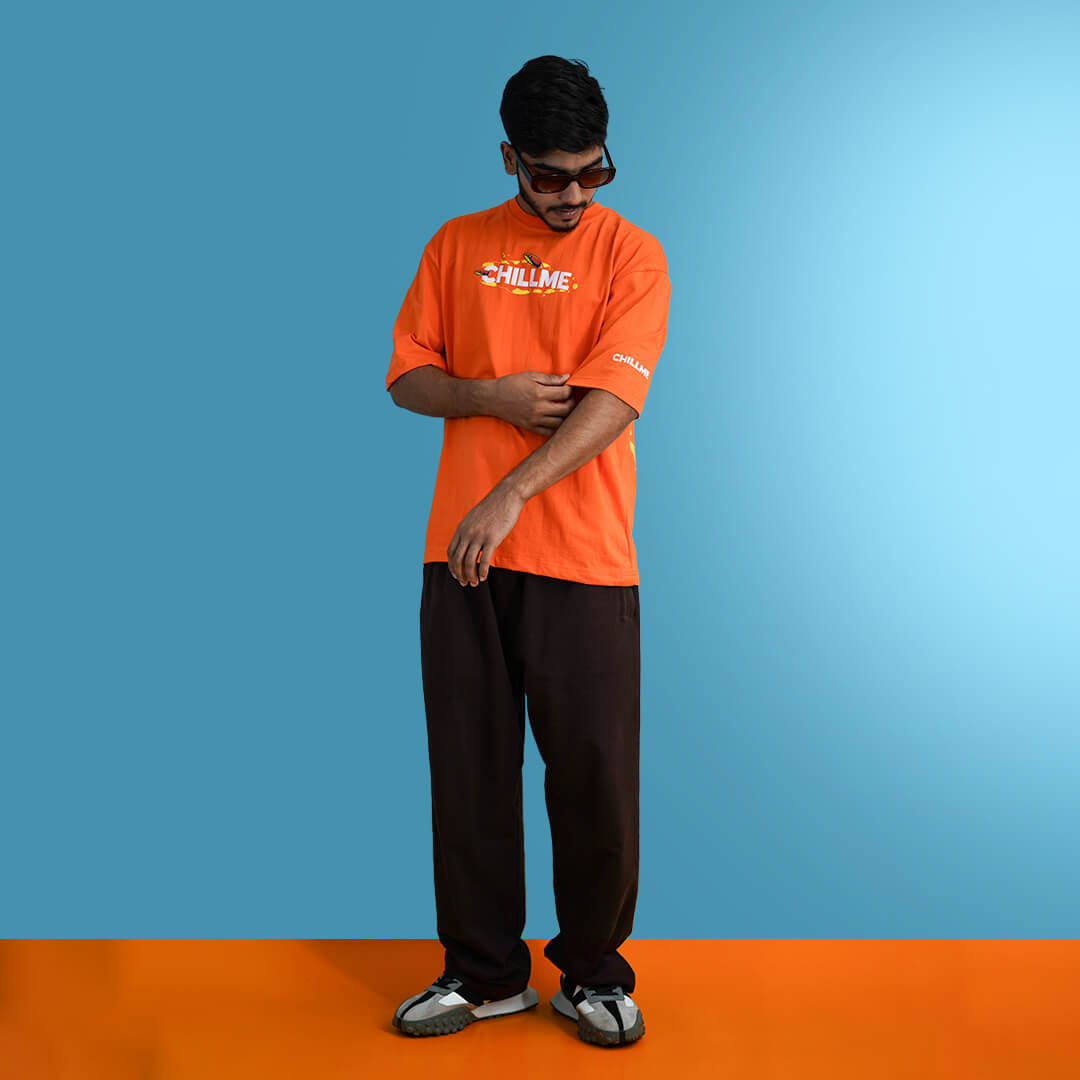 Distroyer Co-ord Oversized Orange T-Shirt & Brown Baggy Trouser Combo