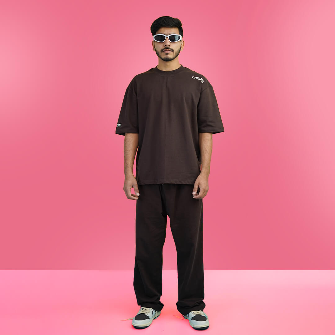 Outrage Co-ord Oversized Brown T-Shirt & Brown Trouser Combo