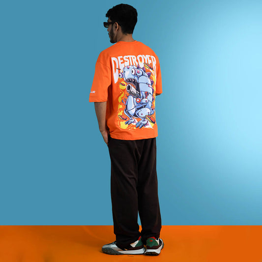 Distroyer Co-ord Oversized Orange T-Shirt & Brown Baggy Trouser Combo