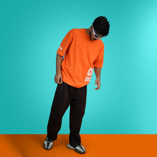 Chillme Basic Co-ord Oversized Orange T-Shirt & Brown Pant Combo