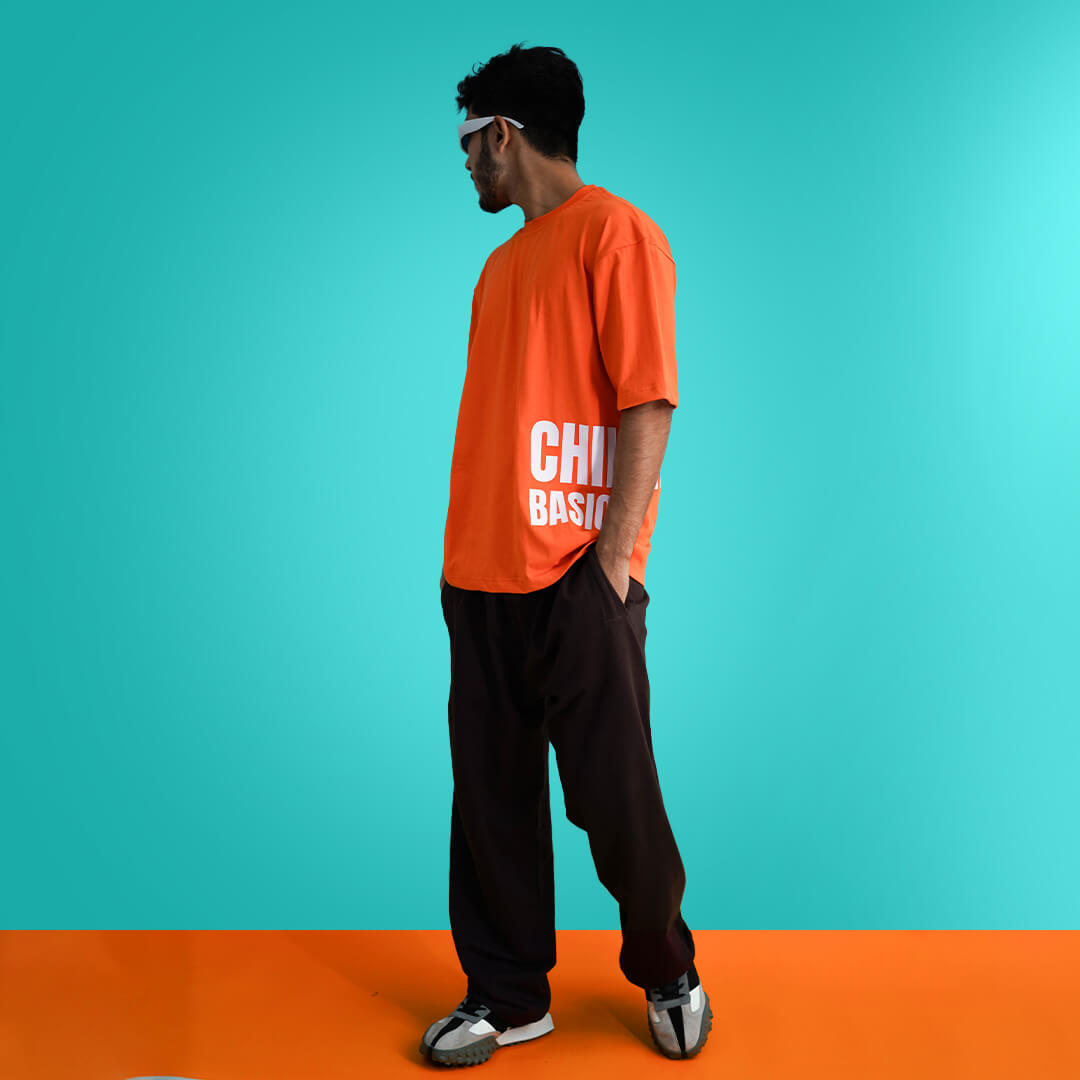 Chillme Basic Co-ord Oversized Orange T-Shirt & Brown Pant Combo