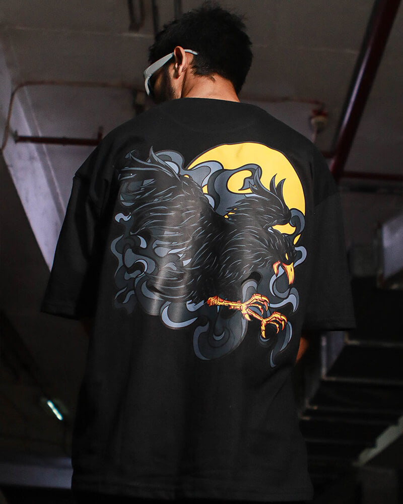 Co-ord Men's Black Crow Oversized T-Shirt & Black Cargo Combo