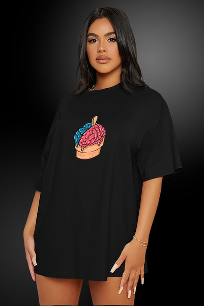 Brain Cream Oversized Black T-Shirt for Women
