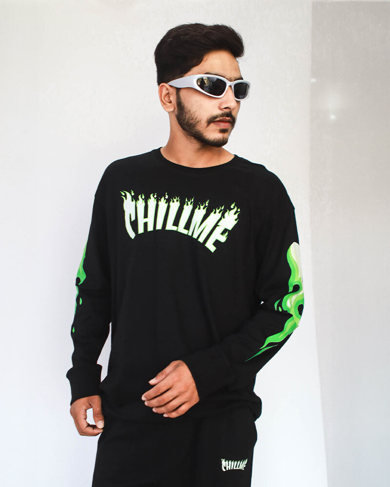 Green Flames Oversized Full Sleeves T-Shirt - chillme