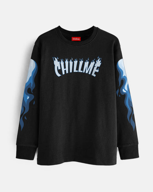 Chillme Blue Fire Men's Full Sleeves Oversized T-Shirt